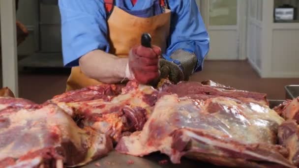 정육점에서 신선 한 고기를 가공하고. 고기 가공 공장. 소세지 산업. 고기와 뼈를 분리하는 손에 날카로운 칼을 든 메터 맨의 사진. 4k — 비디오