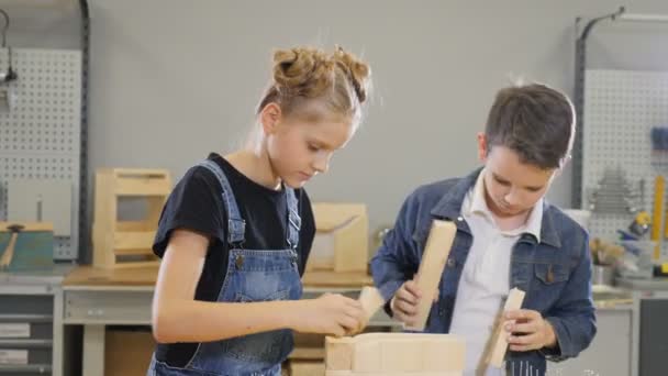 Barnen leker på craft workshop. Söt liten pojke och hans skolåldern syster leker med halvfärdiga träbitar. Barn samarbetar. 4k — Stockvideo