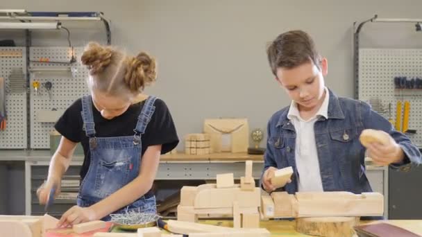 Kinder spielen in Bastelwerkstatt. Netter kleiner Junge und seine schulpflichtige Schwester spielen mit halbfertigen Holzstücken. Kinder kooperieren. 4k — Stockvideo