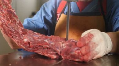 Et işleme fabrikası. Et testere closeup çekim. Fabrika modern ekipman. Et fabrikası. Adam işçi kesim çiğ et çelik bandında makinesi gördüm. 4k