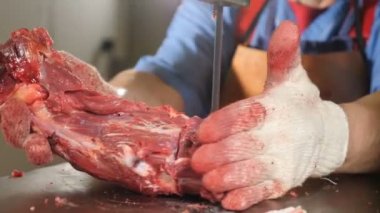 Et işleme fabrikası. Et testere closeup çekim. Fabrika modern ekipman. Et fabrikası. Adam işçi kesim çiğ et çelik bandında makinesi gördüm. 4k