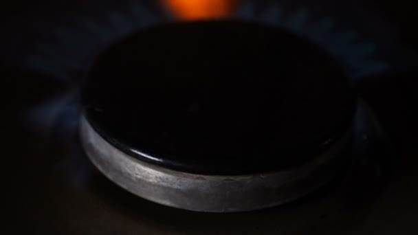 Natural gas inflammation in stove burner. Slow motion. Turns on gas stove burners. ignition of blue gas from the burner gas kitchen stove. The tips of the flames painted different colour. hd — Stock Video