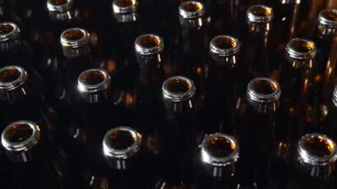 Bira kavramı. Bir sürü açık bira şişeleri. 4 k'dan fazla vurdu. yakın çekim video. Zanaat bira üretim. Görünümü darboğaz. MICROBREWERY ve brew pub kavramı. arka aydınlatma görüntüleri.