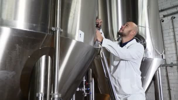Karyawan tempat pembuatan bir memeriksa peralatan. Pekerja perbaikan mengoperasikan mesin kontrol di tempat pembuatan bir. 4k — Stok Video