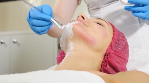 Aantrekkelijke vrouwelijke klant met gezichtsmasker bij schoonheidssalon. Het aanbrengen van gezichtsmasker aan vrouwelijk gezicht met een borstel bij de kliniek van de dermatologie. Spa therapieprocedure voor jonge vrouw. Schoonheidsspecialiste toepassing gezichtsmasker — Stockvideo