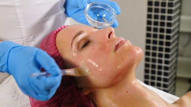 Concepto de cuidado de la piel. mujer joven en el salón de belleza. Beautician Aplicando mascarilla facial a una clienta. Spa. Mujer recibiendo máscara facial. De cerca. hd — Vídeos de Stock