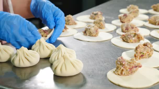 Dokonywanie Dumpling mięsa w fabryce mięsa. Kobiece robotników w białych lateksowych rękawiczkach i jednolite mięso owinąć w ciasto. Fabryka mięsa proccesing. 4K — Wideo stockowe