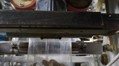 Et fabrikası. Bitmiş ürünlerin ambalaj hattı. Gıda paketleme makinesi. Et endüstrisi. Bir çeşit gıda işleme. Pelmeni ve ravioli üretim hattı. Otomatik konveyör. 4k