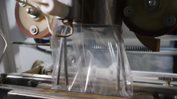 Verpackungslinie von Fleischknödeln. Lebensmittelverpackungsmaschine. Fleischindustrie. Schuss Lebensmittelverarbeitung. Pelmeni und Ravioli Produktionslinie. automatisches Förderband. 4k — Stockvideo