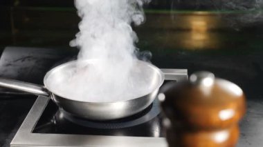Restoran mutfakta Beyaz kalın buhar ile kızartma tavası. Ördek eti pişirmek. Yavaş çekim. Beyaz Su Buharı. Yemek videosu. Hd