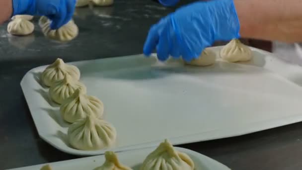 Nationale georgische Küche khinkali. Nahaufnahme von Küchenhänden, die Knödel auf Tablett legen. Linien rohe Fertiggerichte. Prozess Kochen. 4k — Stockvideo