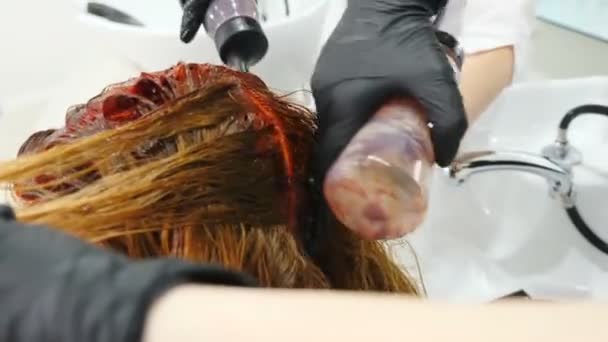 Hair dyeing in beauty salon. Professional hairdresser dyeing hair of her client. Hd — Stock Video