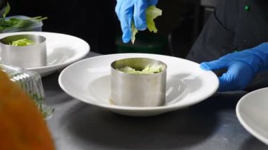 Taze salata yapıyorum. Şef salata malzemelerini mutfak halkasına koyar. Restoran konsepti, mavi eldivenli mutfak işçisi karışımı metal bir kaseden servis aletine dönüştürüyor. 4K 'da çekilmiş.