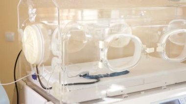 Hastanede boş bir bebek kuvözü. Tıbbi ekipman konsepti. Kadın doğum departmanı. İçinde çocuk olmayan boş bir kuluçka cihazını ya da couveuse 'u kapat. Çocuk sağlığı konsepti. 4k