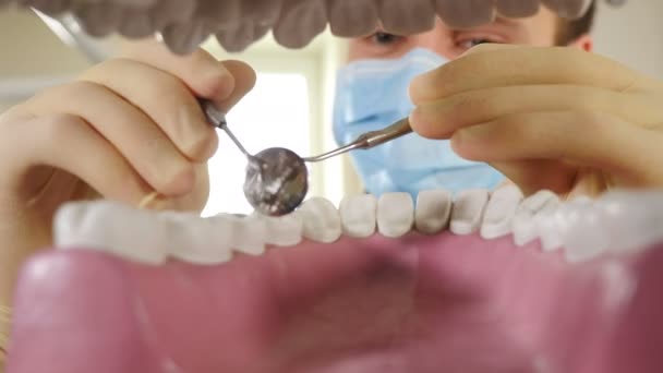 Personlig eller patientmässig synpunkt, POV. Tandläkare tittar inuti munnen modell och håller dentala verktyg för undersökning. På tandvårdskliniken. Närbild på manlig stomatolog genom tänderna. 4 k video — Stockvideo