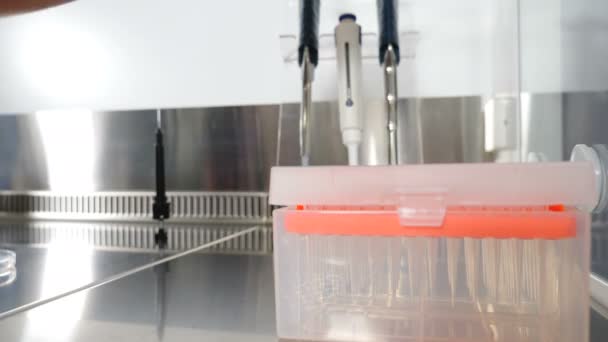 Médico tomando pipeta para analisar amostras de pacientes em laboratório moderno perto de tubos de ensaio de vidro. Médico leva sondas para teste imunológico no hospital. O cientista trabalha em pesquisa de laboratório. 4 k vídeo — Vídeo de Stock