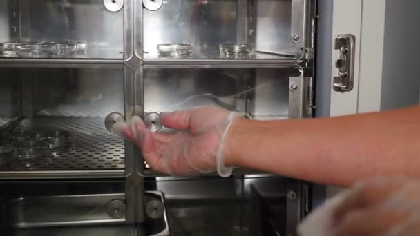 Een close-up van de IVF procedure. Embryoloog in beschermende handschoenen zet reageerbuis met verzamelde eieren monsters in de koelkast in biologisch laboratorium. IVF folliculaire punctie. 4 k video — Stockvideo