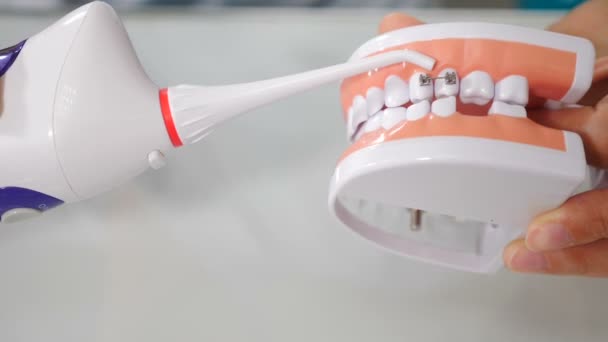 Higiene bucal para aparatos dentales. Concepto de tratamiento ortodóncico. Enseñando cuidado dental. Dentista que muestra cómo limpiar los dientes con riego en el modelo de mandíbula. 4 k vídeo — Vídeos de Stock