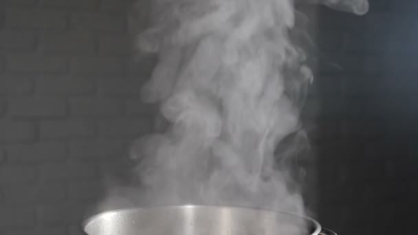 Steam or Vapour clouds rising from boiling water in saucepan on stove. Steam from pan while cooking. Cooking process in slow motion. Steam and white smoke rising on dark background. Full hd — Stock Footage Steam or Vapour clouds rising from boiling water in saucepan on stove. Steam from pan while cooking. Cooking process in slow motion. Steam and white smoke rising on dark background. Full hd Royalty Free Stock Video