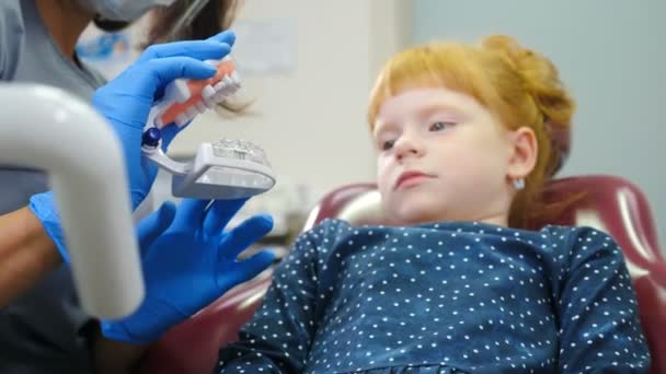 Dentista mostrando a la niña cómo limpiar los dientes con cepillo de dientes correctamente en el modelo de mandíbula en la oficina de dentistas. Cuidado dental, concepto de dientes sanos. 4 k vídeo — Vídeo de stock
