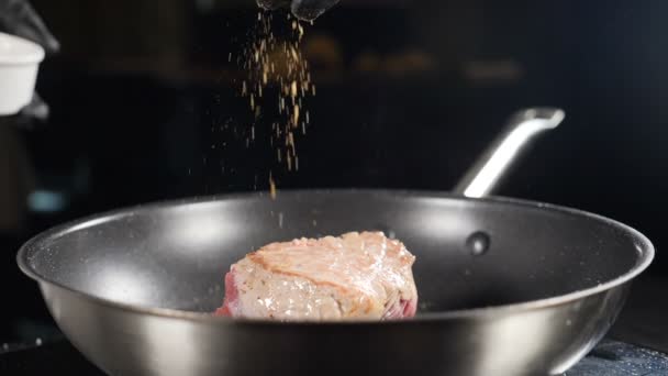 Video sul cibo e processo di cottura girato al rallentatore. Chef condire la carne sulla padella con paprica ed erbe aromatiche. delizioso piatto viene cucinato in cucina ristorante. hd completo — Video Stock