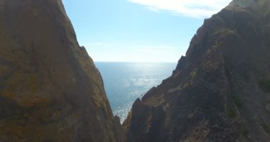 İnsansız hava aracı büyük bir kaya uçurumuna yakın uçuyor. Uçurumlar ve dağlarla Kırım manzarası. Uçurum yamacı ve dağ hattı. Ormanla çevrili büyük bir uçurum. 4k video