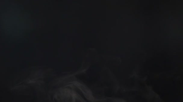 Белый Стив поднимается из Пана на кухонном снимке на черном фоне. Дым, пар, туманные облака в движении изолированы. Белый пар поднимается над кастрюлей. Медленное движение. Полный список — стоковое видео
