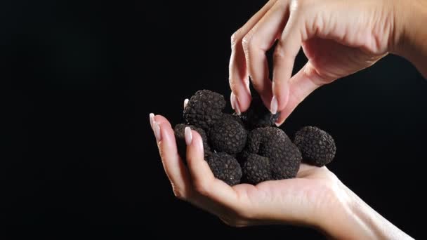 Elegante vrouwelijke handen die knollen met zwarte truffels vasthouden. Zeldzame zwarte truffel paddestoel op donkere achtergrond. Een close-up schot. Luxe duur eten, gastronomisch in restaurant. 4 k video — Stockvideo