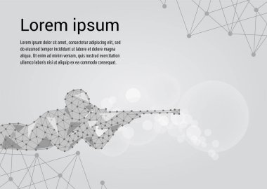 Noktalar ve çizgiler bağlanma gri arka plan üzerinde çekim biatloncu silüeti. Işık bağlantı yapısı. Düşük poli kış spor vektör arka plan. 