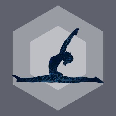 Yoga poz, bağlantı noktalar ve çizgiler kadında. Işık bağlantı yapısı. Düşük poli vektör arka plan.