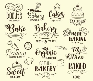 Fırın etiketleri, logolar, çizilmiş Etiketler el ve öğeleri ekmek salonu, kafe, Restoran, sınıf, kağıt torba, ambalaj için ayarlayın. Vektör çizim.