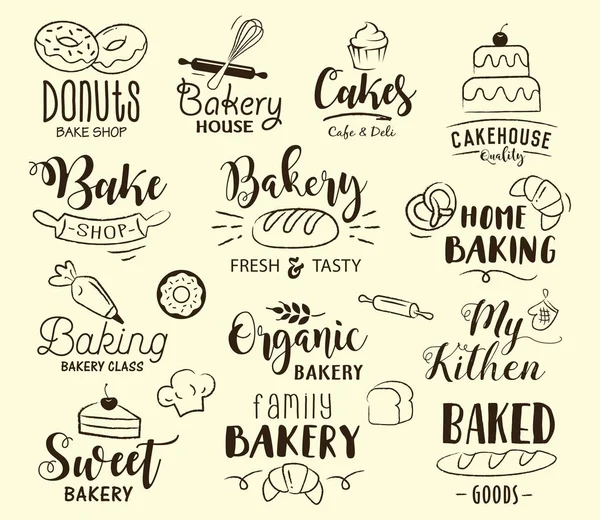 Etiquetas Panadería Logotipos Etiquetas Dibujadas Mano Elementos Establecidos Para Panadería — Archivo Imágenes Vectoriales
