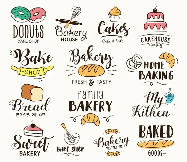 Etiquetas Panadería Logotipos Etiquetas Dibujadas Mano Elementos Establecidos Para Panadería — Archivo Imágenes Vectoriales