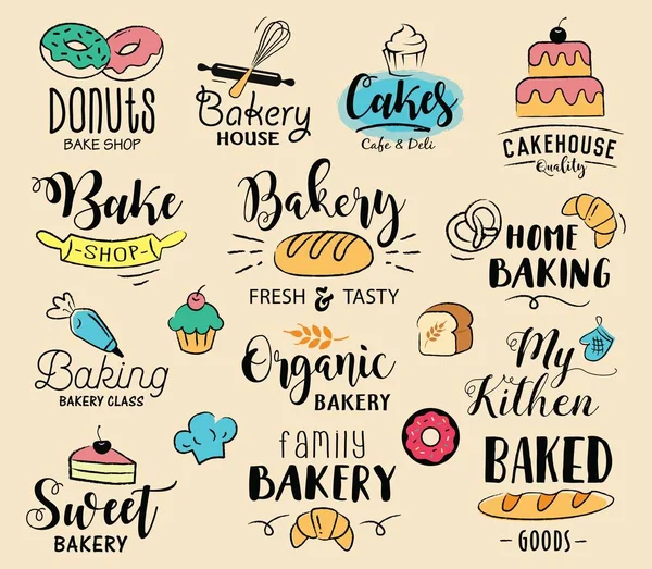 Piekarnia Etykiet Logo Ręcznie Rysowane Znaczniki Elementów Zestaw Dla Piekarnia — Wektor stockowy