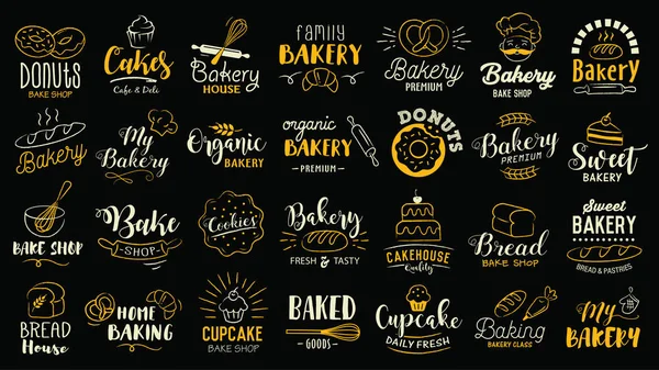 Bäckereilogos Gesetzt Bäckertypografie Logos Abzeichen Etiketten Ikonen Und Objekte — Stockvektor