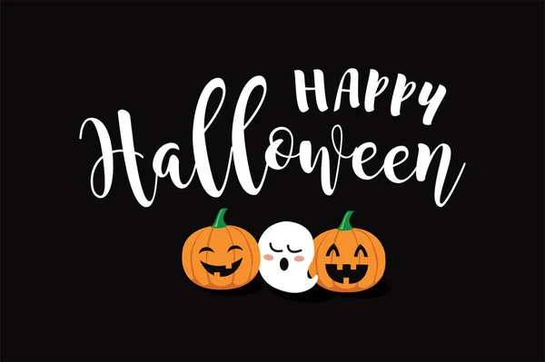 Felice Banner Testo Vettoriale Halloween Con Ragno Divertente Zucca Fantasma — Vettoriale Stock