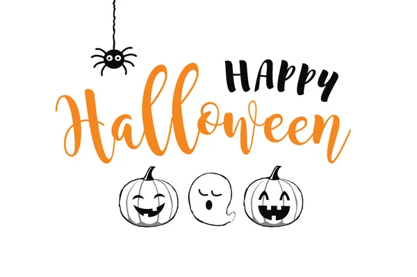 Feliz Halloween Vector Banner Texto Con Divertida Araña Calabaza Fantasma — Archivo Imágenes Vectoriales