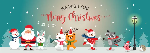 Feliz Navidad Tarjeta Felicitación Plana Conjunto Lindos Personajes Dibujos Animados — Vector de stock