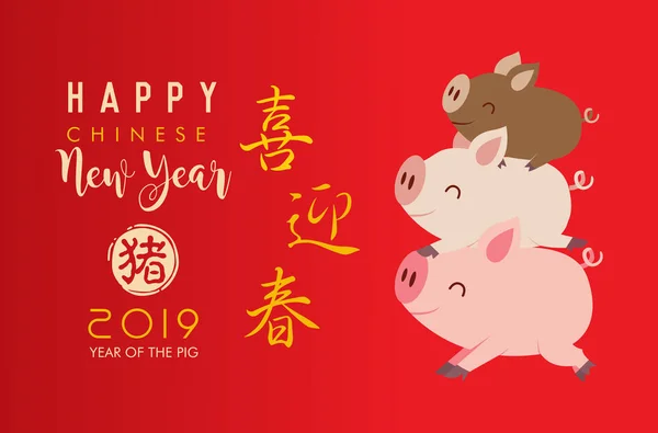 中国の旧正月かわいい豚と 2019 新年あけましておめでとうございます — ストックベクタ