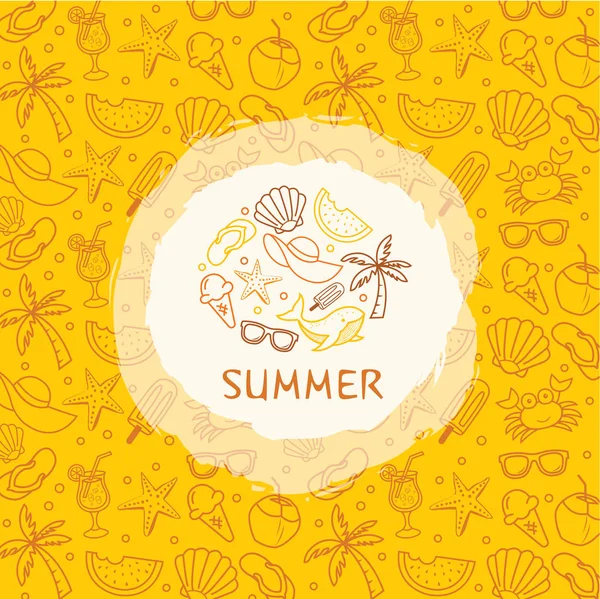 Conjunto vectorial de plantillas de diseño y elementos para el verano en estilo lineal de moda: patrones sin costuras con iconos lineales relacionados con las vacaciones de verano, los viajes, el sol y las plantillas de diseño de logotipo . — Archivo Imágenes Vectoriales