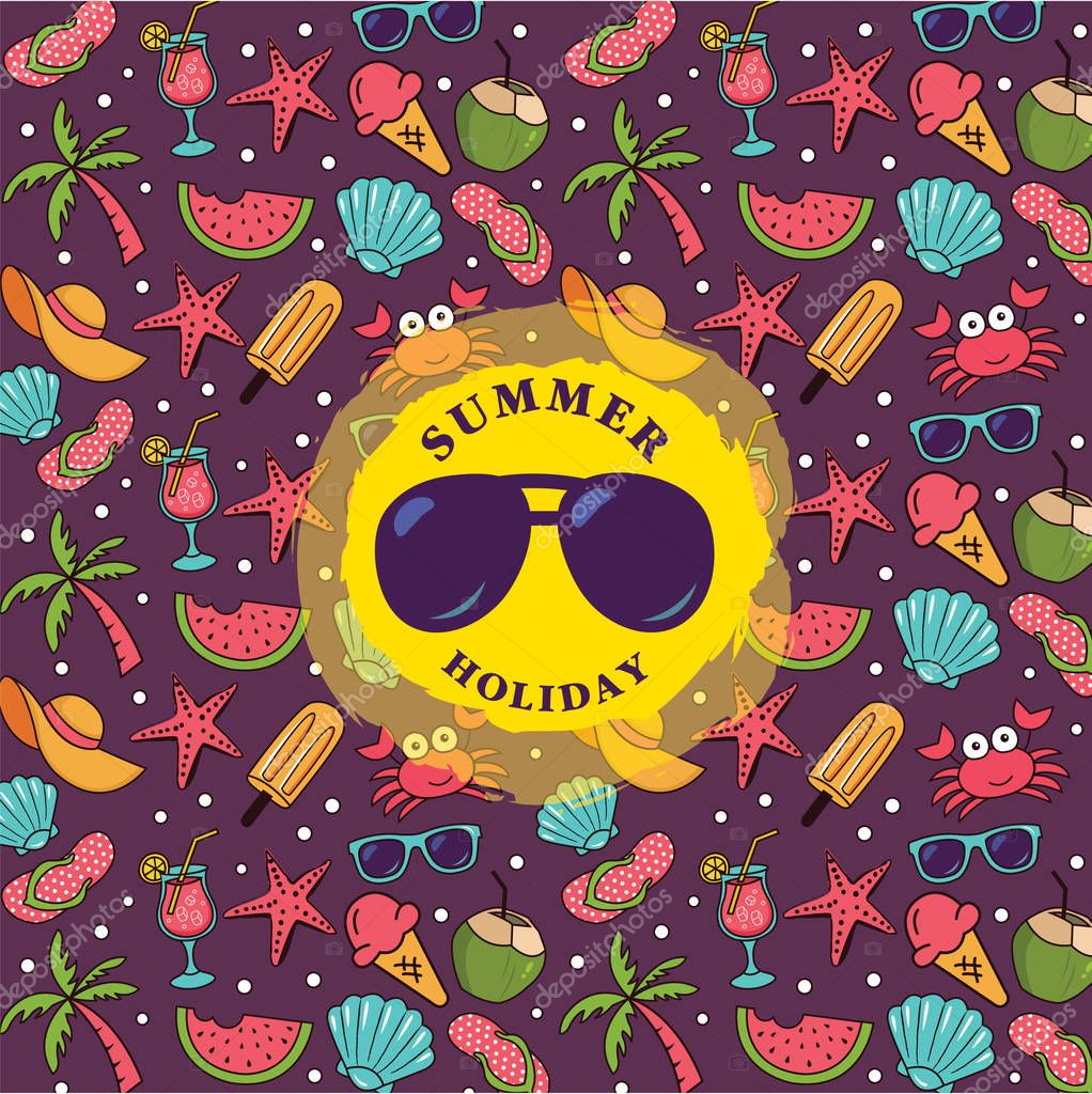 Vector set of design templates and elements for Summer in trendy linear style - seamless patterns with linear icons related to summer holiday, travel, sun and logo design templates.
