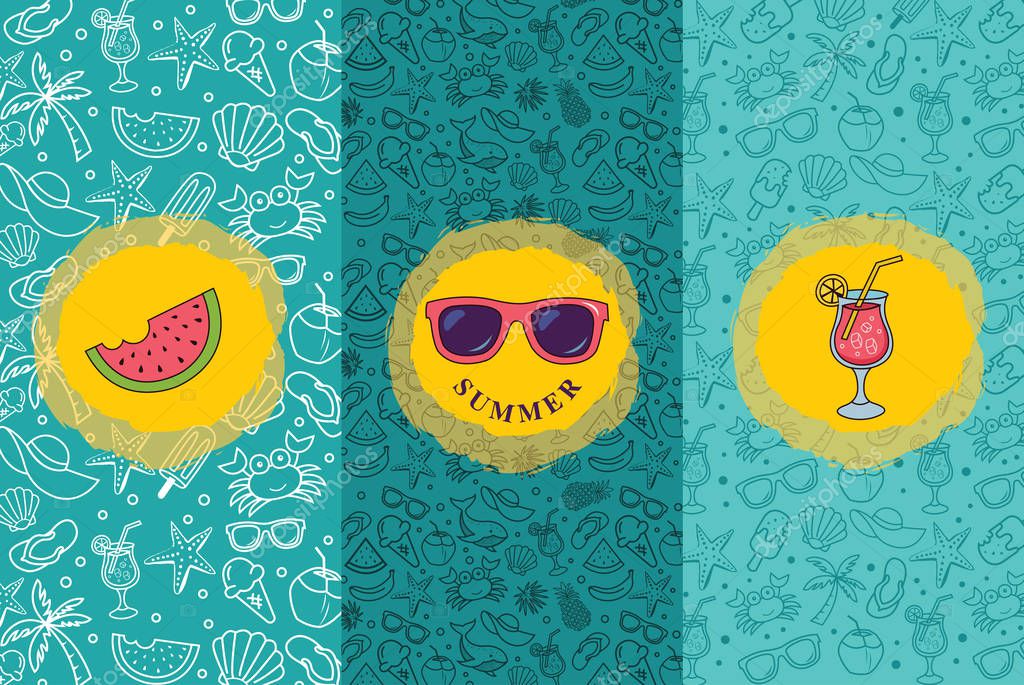 Vector set of design templates and elements for Summer in trendy linear style - seamless patterns with linear icons related to summer holiday, travel, sun and logo design templates.