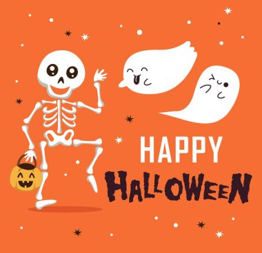 Komik iskelet ve sevimli hayalet çizgi film karakteri ile Mutlu Cadılar Bayramı. Afiş, afiş, tebrik kartı, parti davetiyesi için Cadılar Bayramı şenlikli.