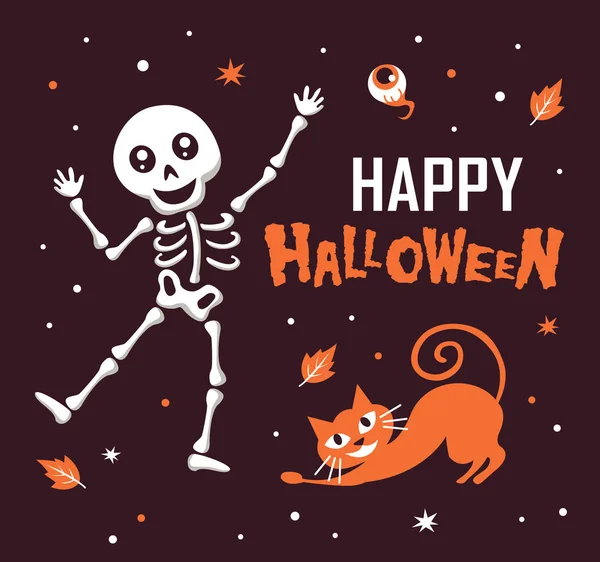 Fröhliche Halloween Mit Lustigen Skelett Und Süße Katze Cartoon Figur — Stockvektor