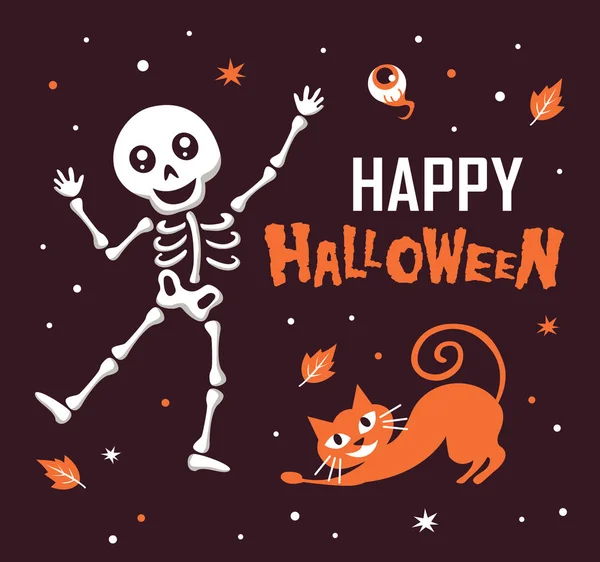 Happy Halloween Zabawnym Szkieletem Cute Kot Kreskówka Charakter Halloween Świąteczny — Wektor stockowy