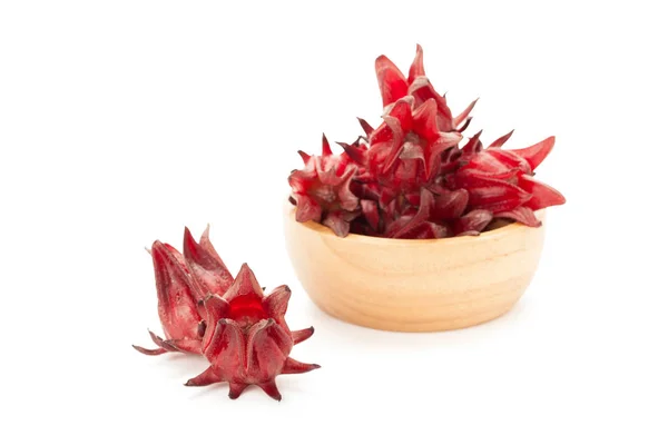 Rote Roselle Holzschale Isoliert Auf Weißem Hintergrund Mit Clipping Pfad — Stockfoto