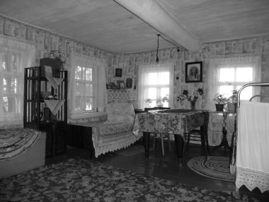 Köy evi iç. Tek renkli. Vytegra bölgesi. Vologda bölgesi. Rusya.