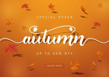 Sonbahar indirimi arka plan düzeni alışveriş satışı veya tanıtım afişi ve çerçeve broşürü veya web afişi için yapraklarla dekore edilir. Vektör illüstrasyon şablonu.