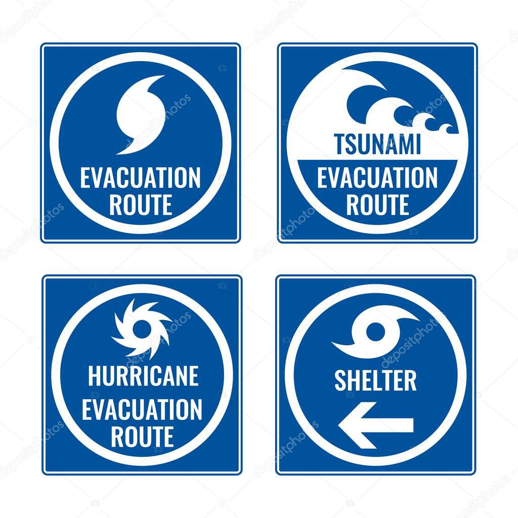 Evacuation route and shelter in case of tsunami or hurricane blue square signs. Emergency or natural disaster helpful signboards vector illustrations set.