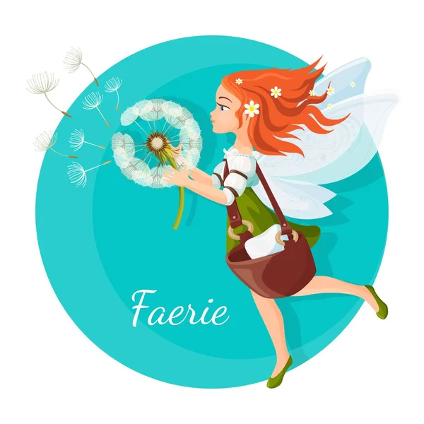 Redhead faerie dengan sayap transparan memegang logo dandelion - Stok Vektor